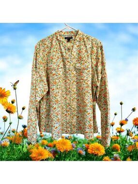 Lands End Button Up Shirt Women 18 - 20 Multicolor Cotton Roll Tab Sleeve Pocket